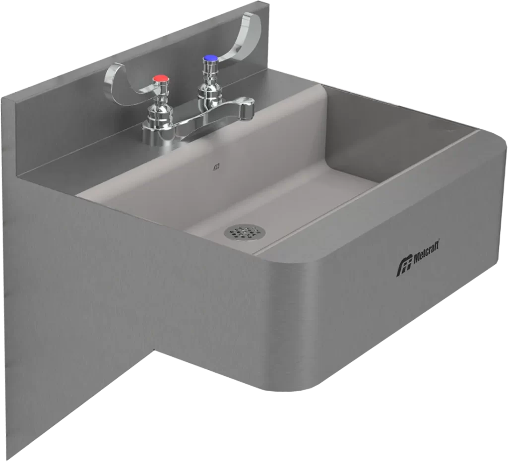 Wall-mounted stainless steel hand wash sink.