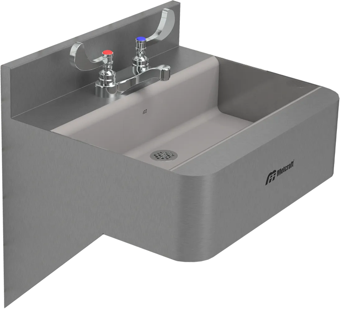 Wall-mounted stainless steel hand wash sink.