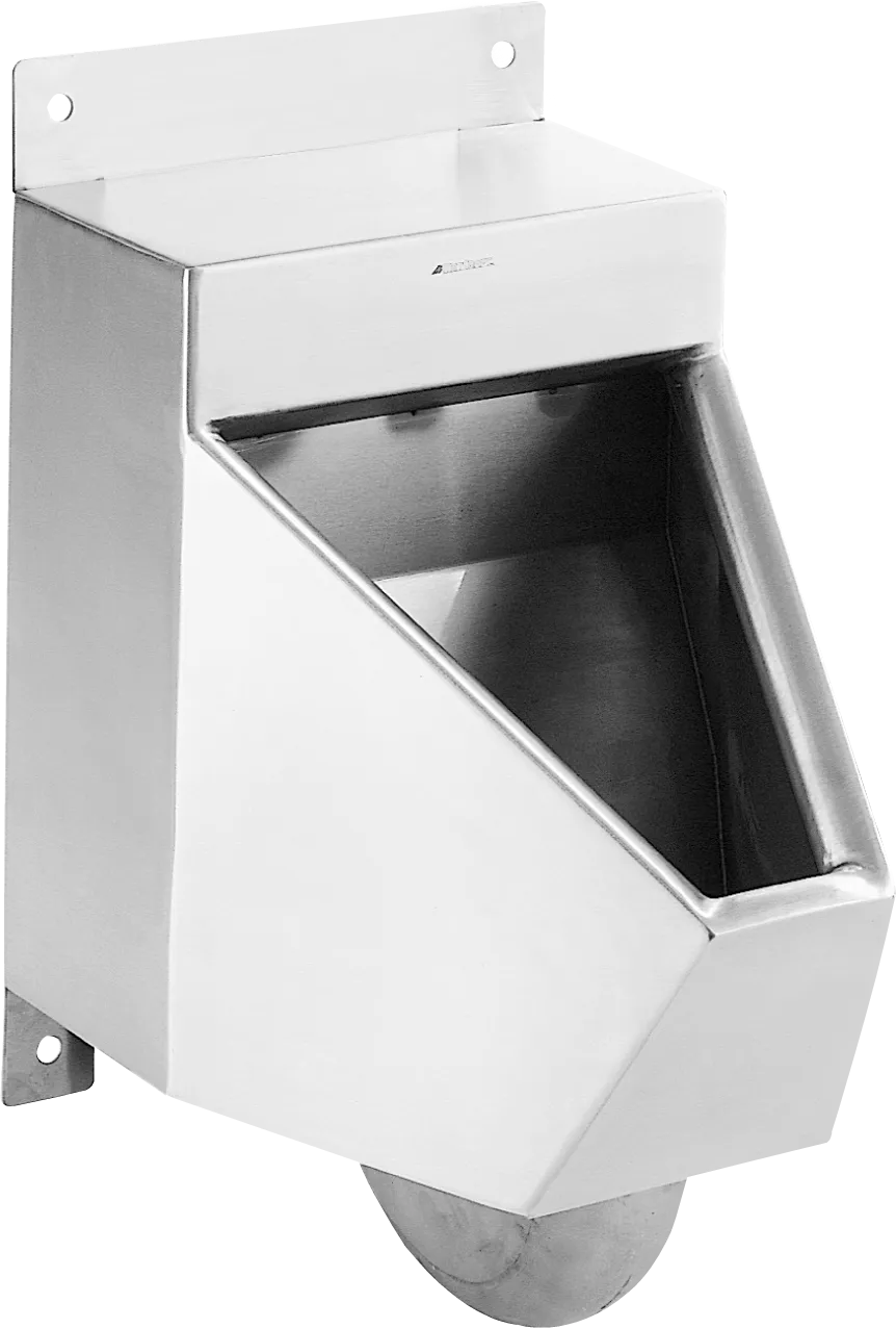 A stainless steel wall-mounted urinal.