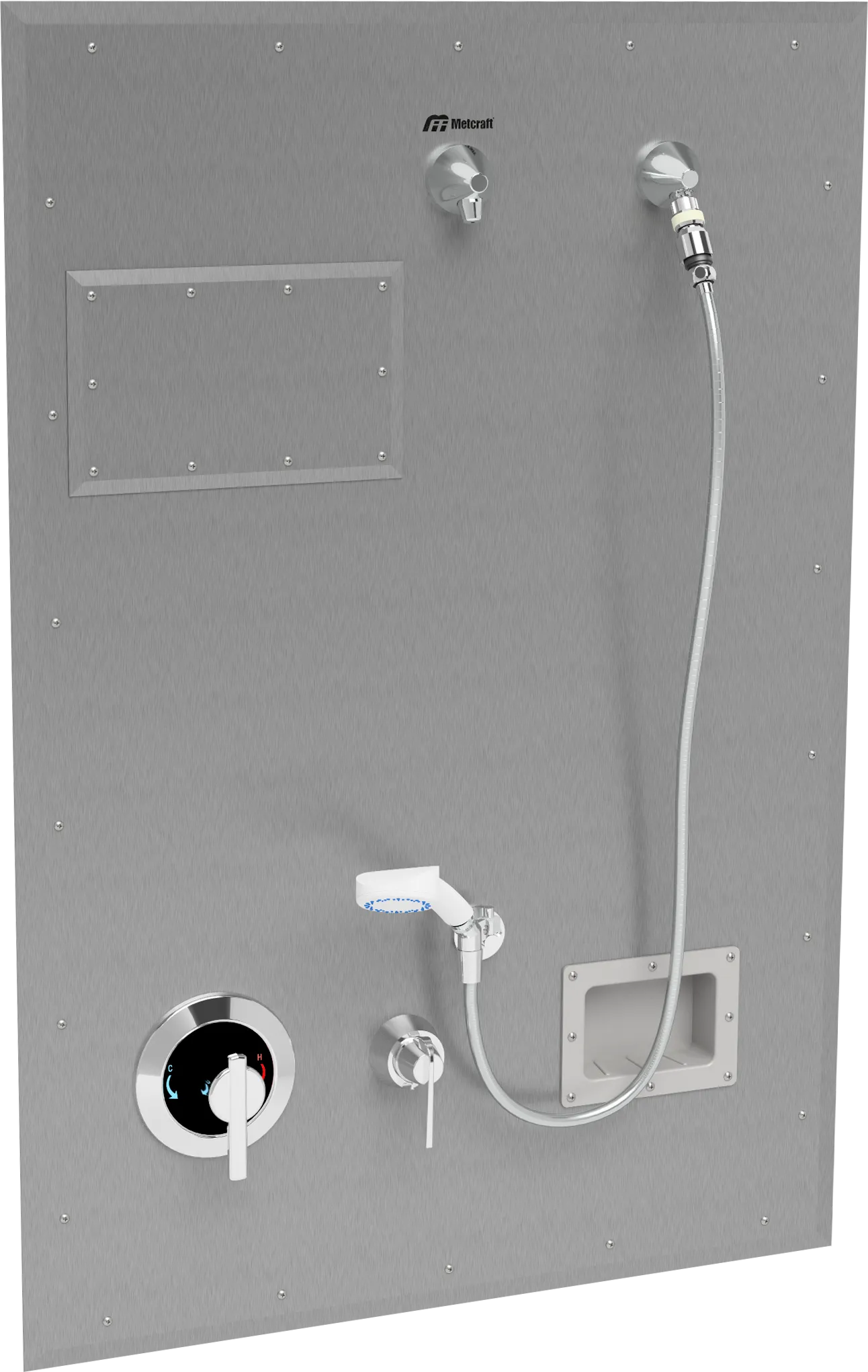 A stainless steel wall panel shower with controls, shower head, and a soap alcove.