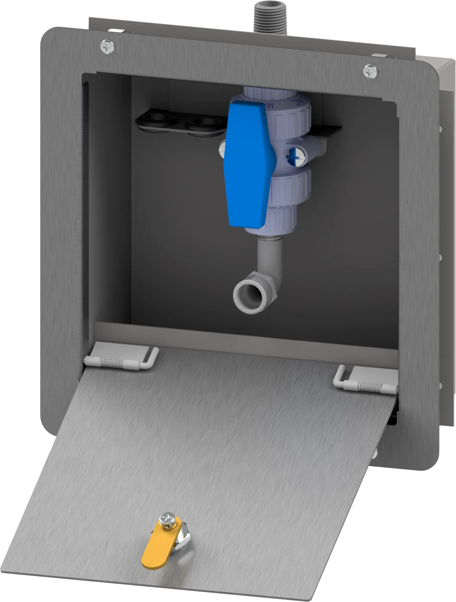 An open dialysis box with an open pipe connection and a blue shutoff valve.