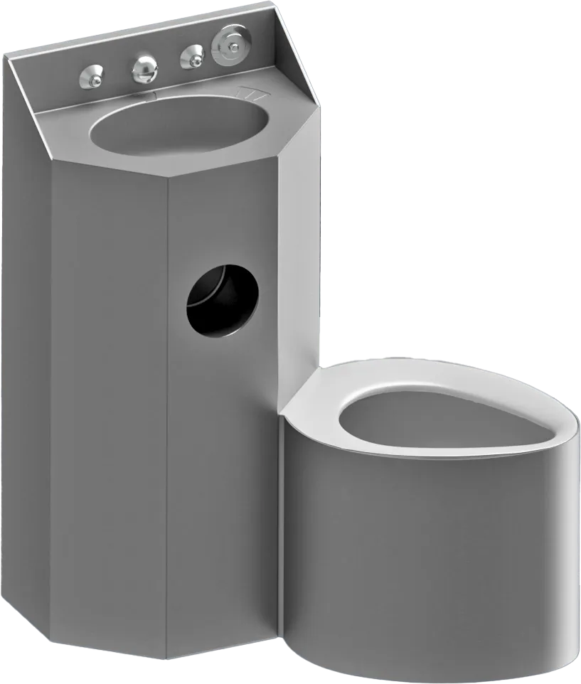 A stainless steel sink and toilet seat combo.