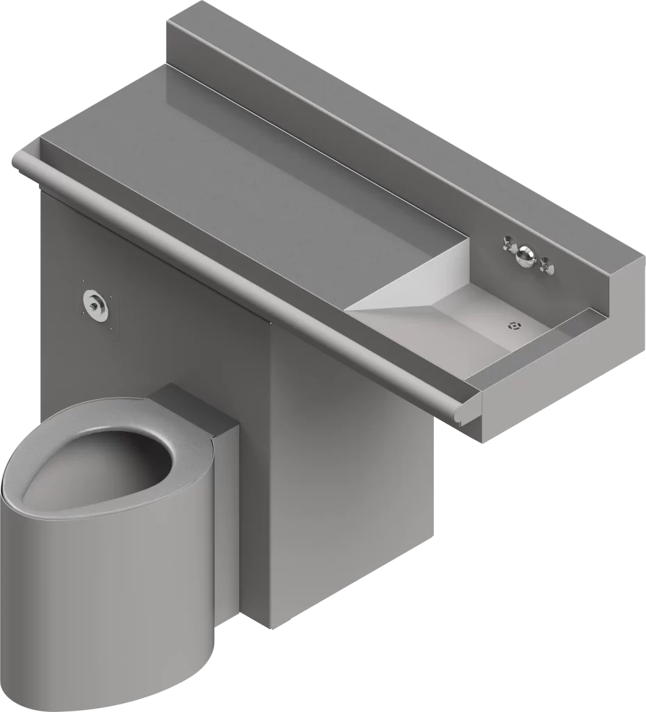 A stainless steel sink and toilet seat combo.