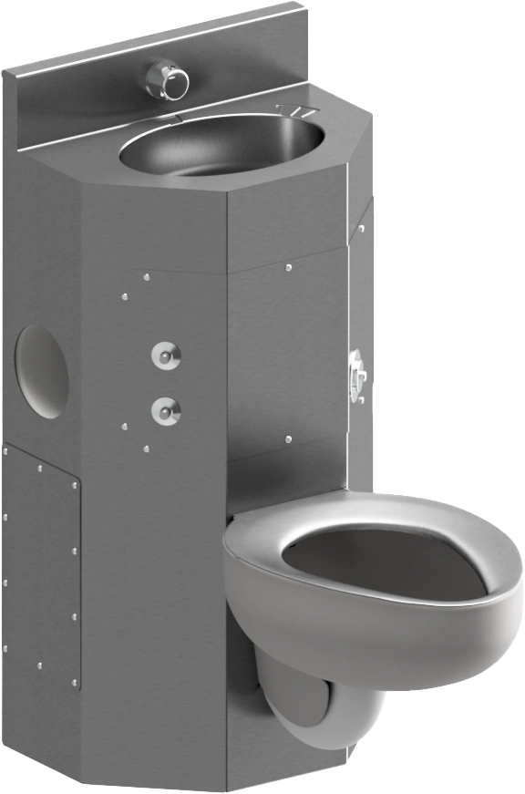 A stainless steel combination toilet and sink fixture.
