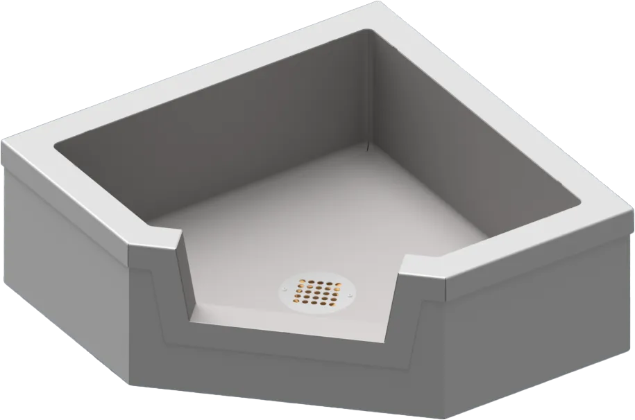 A corner mop sink with angled opening and drain.