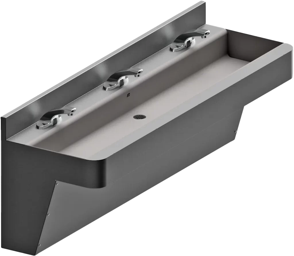 A stainless steel wall-mounted sink with three faucets and a shared basin.
