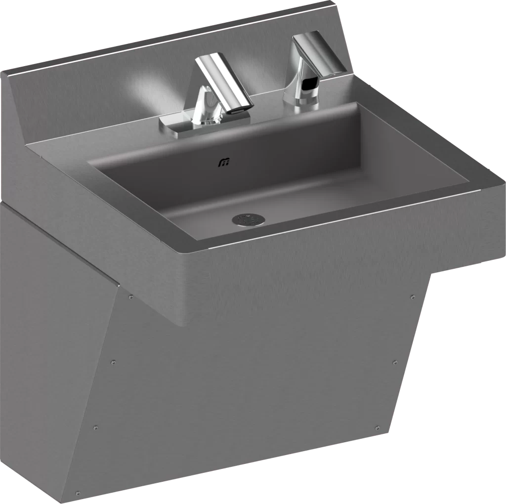 A stainless steel wall-mounted sink.