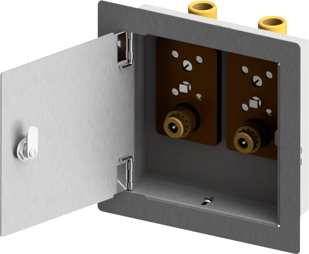 An in-wall fixture box with two plumbing connections.