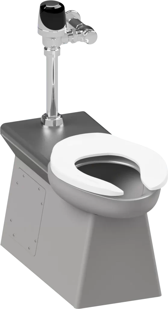 A stainless steel toilet with wall connections for plumbing.