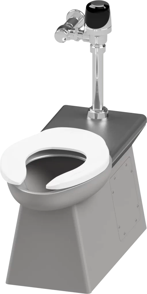 A stainless steel toilet with wall connections for plumbing.