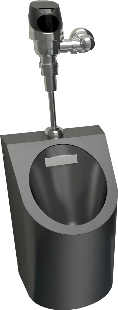 A stainless steel wall-mounted urinal.