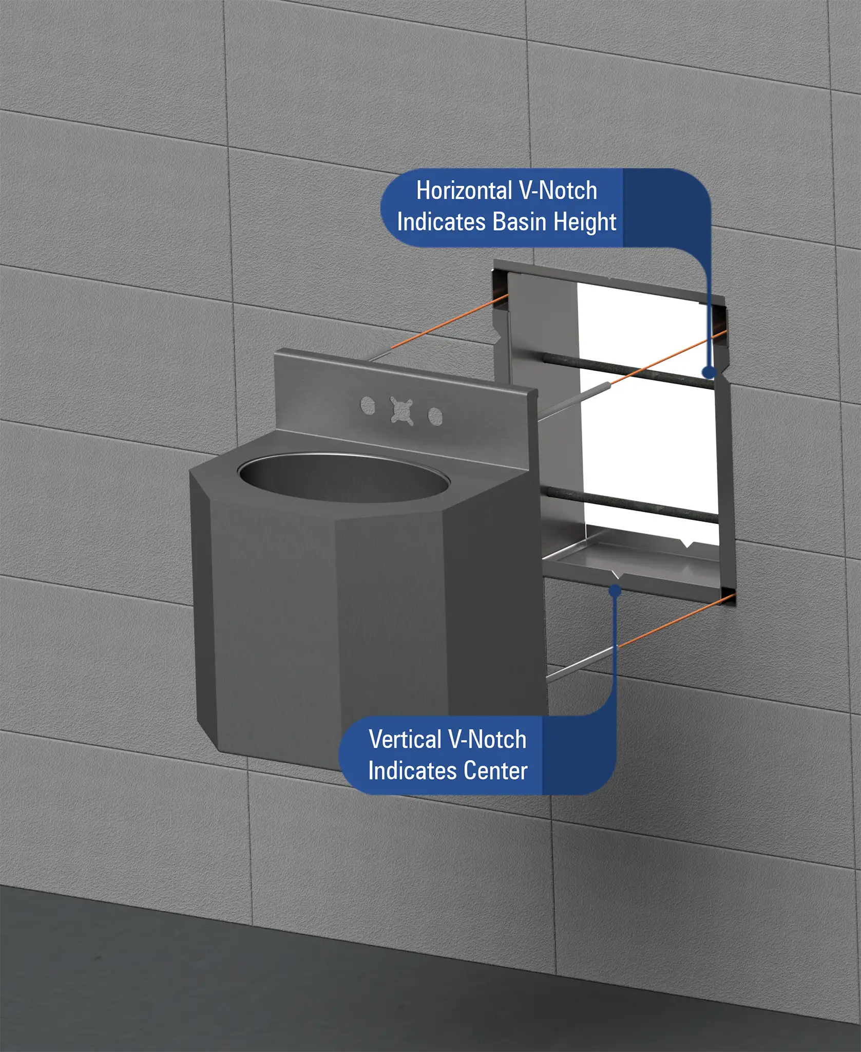 A chase mounted lavatory aligned with the mounting position.