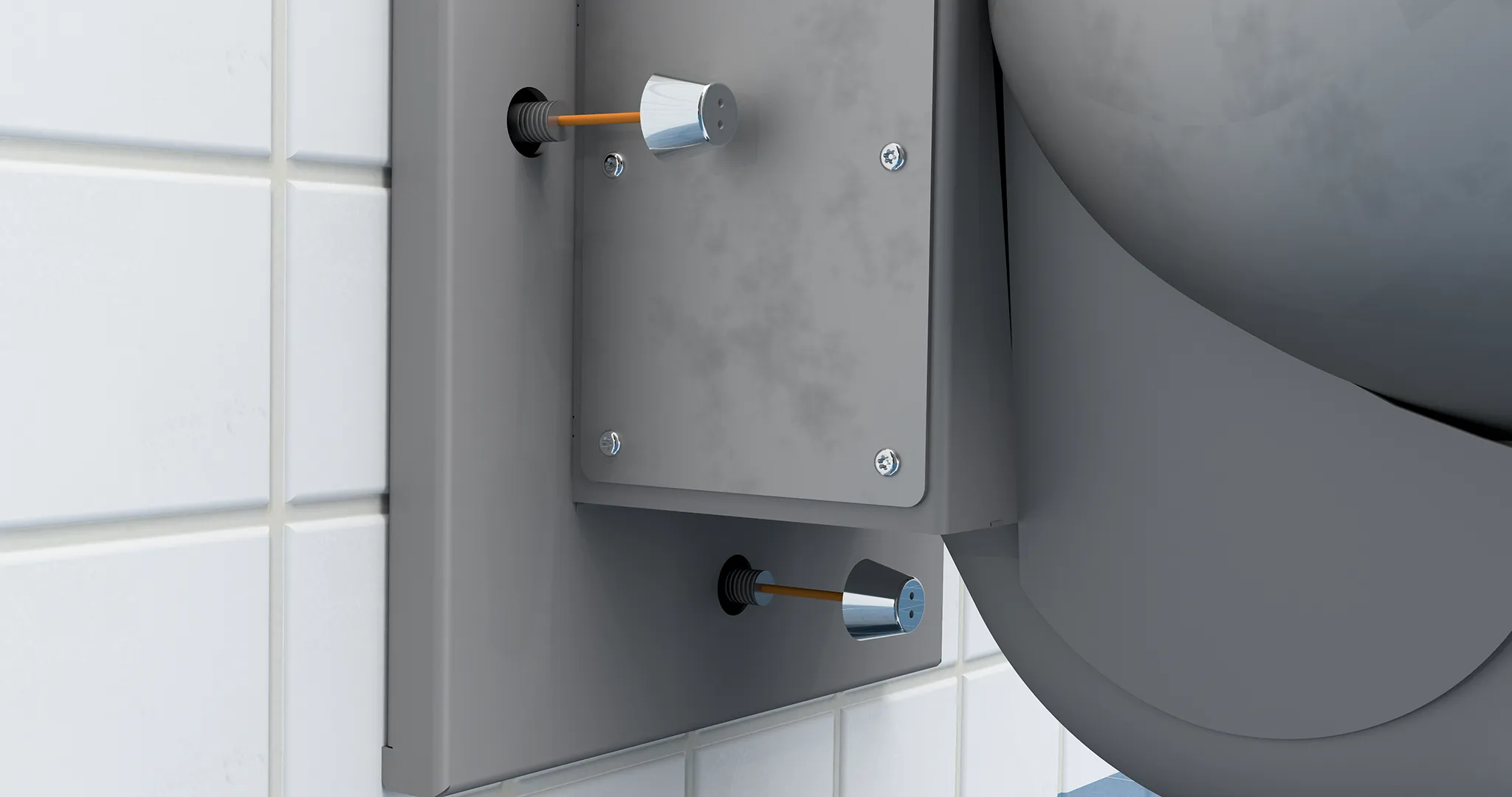 A front mounted toilet fixture being bolted to the wall.