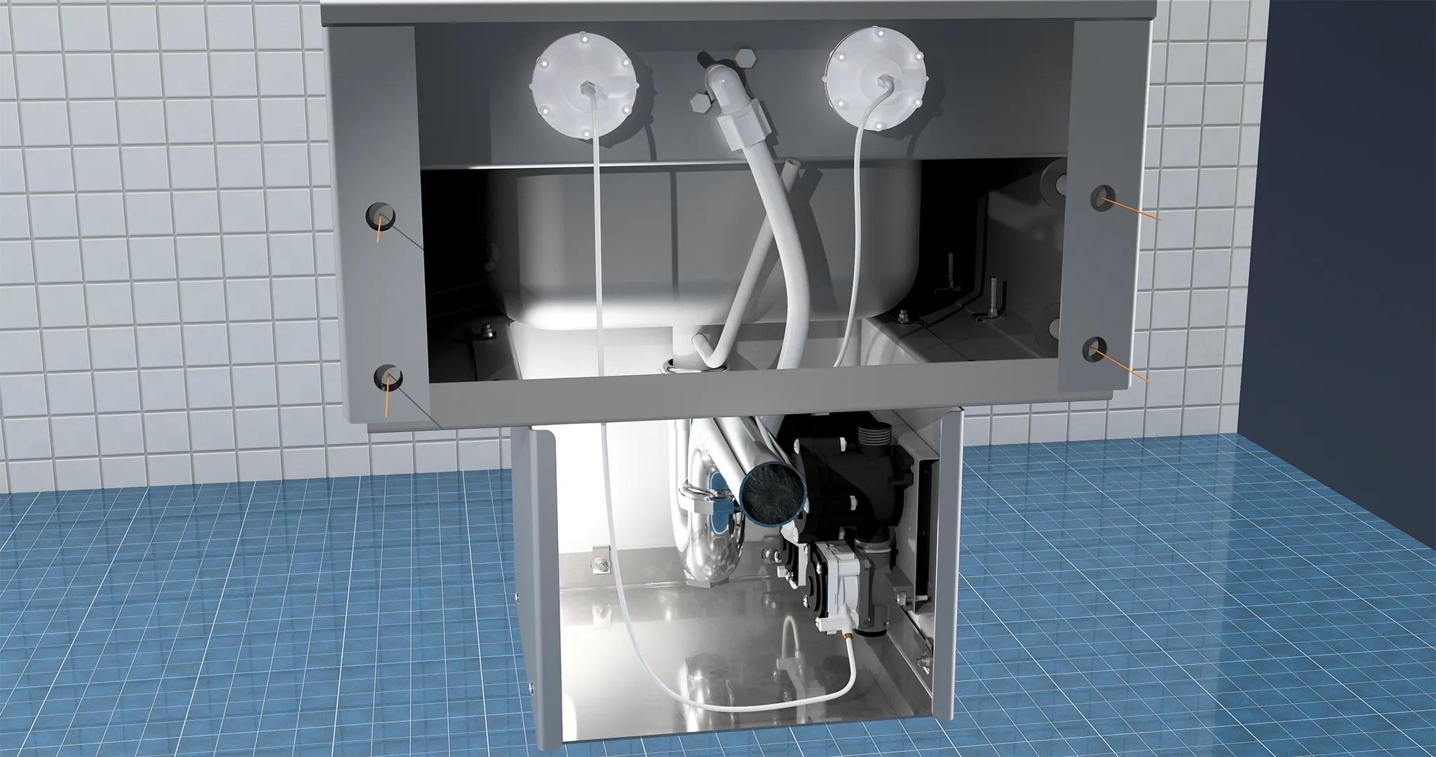 The opened rear cavity of a front mounted lavatory fixture.